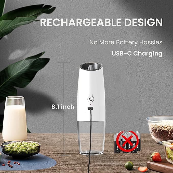Rechargeable Salt And Pepper Grinder Set with LED Light, Automatic Electric Gravity Salt And Pepper Shakers Set, No Battery Needed, Adjustable Roughness, 2 Pack (White) - Image 4
