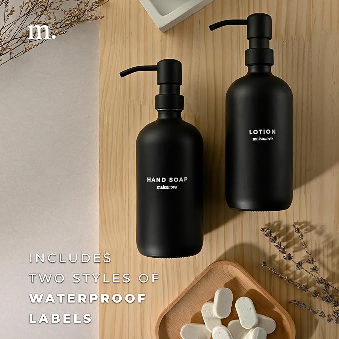 MaisoNovo Soap Dispenser 2-Piece Set | 16.9oz Black Bottles with Black Plastic Pumps