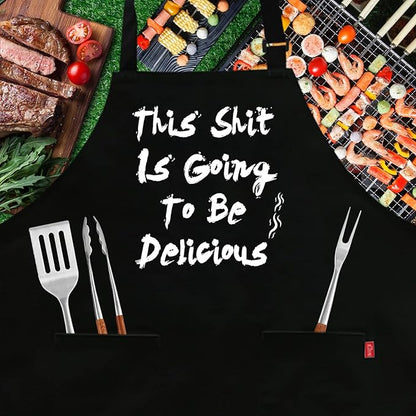BBQ Funny Apron for Men, Chef Bib Apron with 2 Pockets, Adjustable Neck Strap and 40" Long Ties - Best for Kitchen Cooking, Grilling, Baking, Gardening - Black
