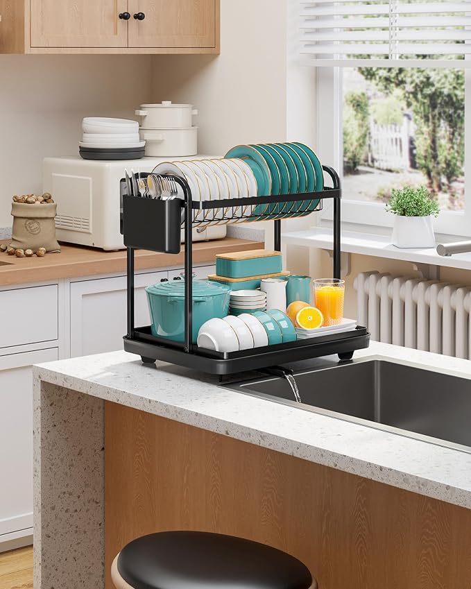 Sakugi 2-Tier Dish Drying Rack - Stainless Steel Dish Rack with Cutlery & Utensil Holders for Kitchen Counter, Sink Organization and Storage for Small Family, 15" W x 11.4" L x 15" H, Black - Image 6