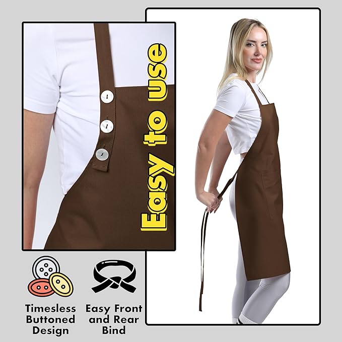 TOSHE Kitchen Apron Waterdrop Resistant Cotton Apron with adjustable Aprons for Women with Pockets 12 Color option Cooking Brown Apron (Brown) - Image 6