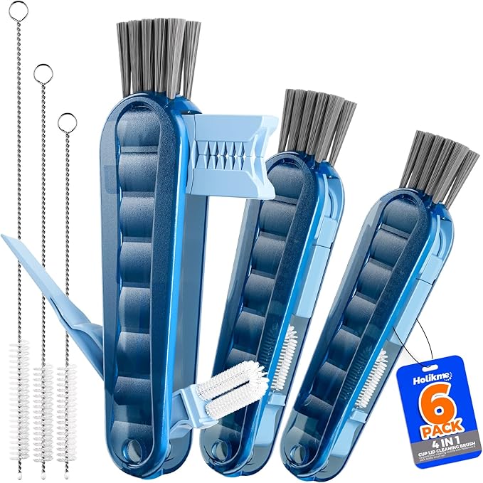 6 Pack Holikme 4 in 1 Cup Lid Cleaning Brush Set with 3 Straws, Multifunctional Bottle Brush, Silicone Cup Lid Gap Cleaner, Durable Bristle Crevice Cleaning Brush, Navy by Holikme