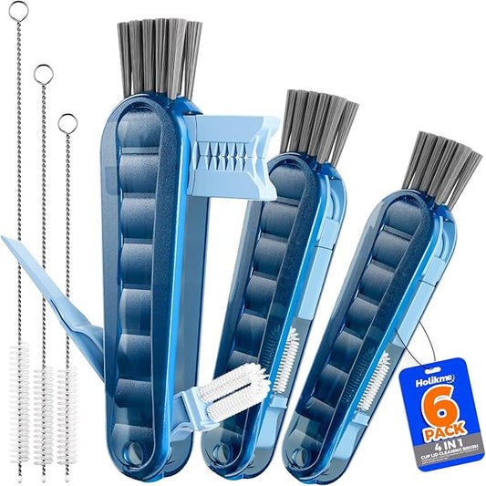 6 Pack Holikme 4 in 1 Cup Lid Cleaning Brush Set with 3 Straws, Multifunctional Bottle Brush, Silicone Cup Lid Gap Cleaner, Durable Bristle Crevice Cleaning Brush, Navy by Holikme