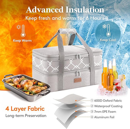 Lifewit Insulated Double Decker Casserole Carrier, Expandable Lasagna Lugger Tote Bag for Hot or Cold Food, Fits 9" x 13" Baking Dish for Potluck Parties, Picnic and Cookouts, Grey-Geometric