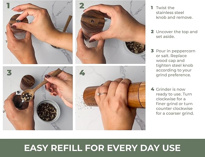 Saffron & Sage Premium Acacia Wood Salt and Pepper Grinder Set of 2-8” Tall Salt and Peppercorn Mill with Adjustable Coarse Settings, Rust Resistant, Smooth and Quality Grinding Mechanism