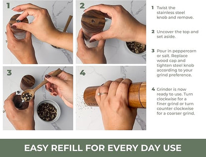 Saffron & Sage Premium Acacia Wood Salt and Pepper Grinder Set of 2-8” Tall Salt and Peppercorn Mill with Adjustable Coarse Settings, Rust Resistant, Smooth and Quality Grinding Mechanism