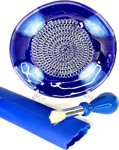 BonCera, All-in-one Premium Ceramic Garlic Grater Plate 4-Piece Set - Blue Cross Glazed Design and Style - For Garlic, Ginger, Chocolate, and more! - Comes with 5.25" Plate, Peeler, Brush, and Stand - Image 5