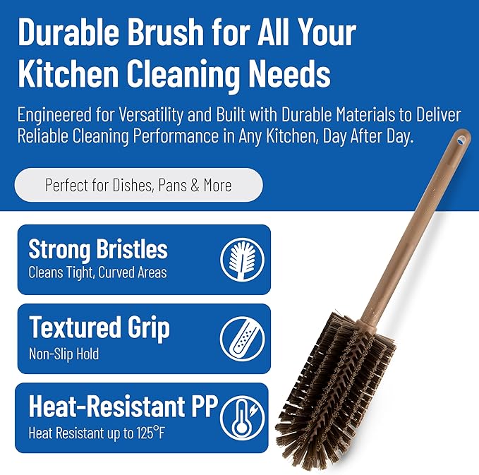 SPARTA Large Water Bottle Brush Ideal for Wide-Mouth Jars, Bottles and Tumblers, Dishwashing Tool with Handle for Home and Commercial Kitchens, Plastic, 16 Inches, Brown (Pack of 4)