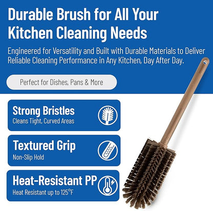 SPARTA Large Water Bottle Brush Ideal for Wide-Mouth Jars, Bottles and Tumblers, Dishwashing Tool with Handle for Home and Commercial Kitchens, Plastic, 16 Inches, Brown (Pack of 4)