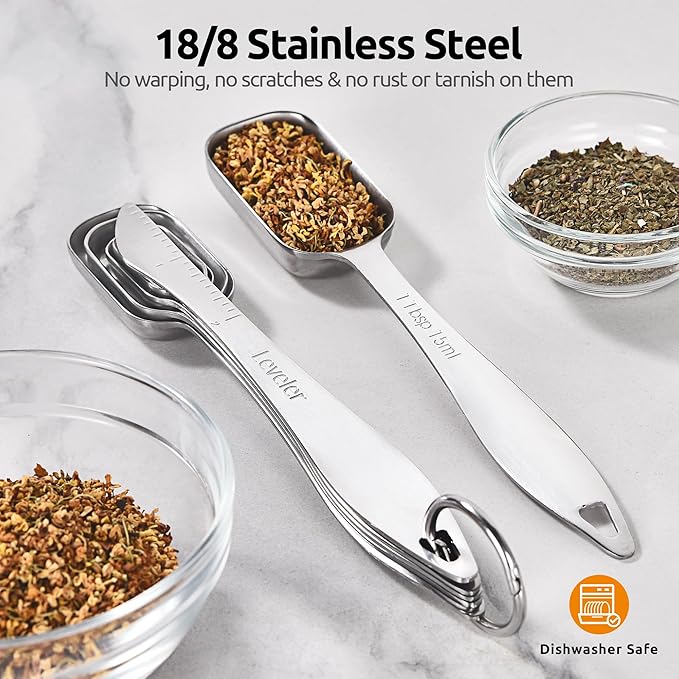 U-Taste Narrow Square Measuring Spoons: 18/8 Stainless Steel Kitchen Measure Teaspoon Tablespoon with Leveler, Polygon Rectangular Metal Jar Scoop for Baking Cooking, Coffee, Spice, Powder (Set of 7) - Image 3