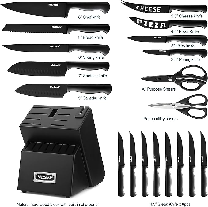 McCook® Premium Black Knife Sets,German Stainless Steel Kitchen Knives Block Set with Built-in Sharpener - Image 4