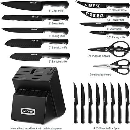 McCook® Premium Black Knife Sets,German Stainless Steel Kitchen Knives Block Set with Built-in Sharpener - Image 4