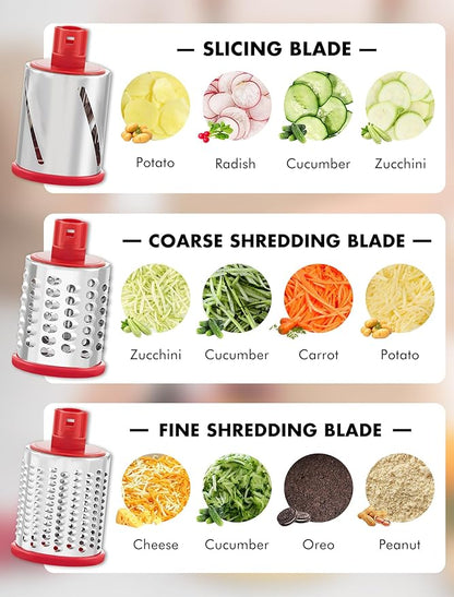 GDL Rotary Cheese Grater Hand Crank with 5 Interchangeable Blades - Upgraded Cheese Shredder Featuring Strong Suction Base for Cheese Shredding, Wavy Slicing, Nut Grinding, Ice Shaving