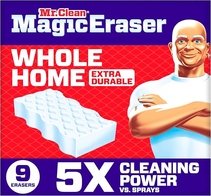 Mr. Clean Magic Eraser Sponge, All Purpose Cleaner, Cleaning Scrubber, Wall, Sneaker, Kitchen, Bathroom, Shower Cleaner, Cleaning Supplies, Melamine Sponge, Cleaning Pads, Extra Durable, 9ct by MrClean