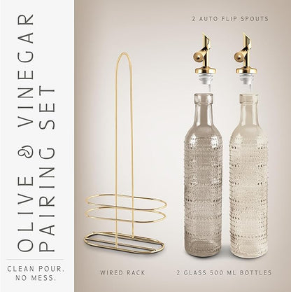 COOK WITH COLOR Glass Olive Oil Bottle Dispenser - 2 Pack- 17oz Oil and Vinegar Cruet - Olive Oil Carafe Decanter for Kitchen, Champagne Bubbles, Brown - Image 3
