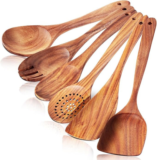 6 Pack Wooden Spoons For cooking – Heat-Resistant Wood Spatula with Comfort Grip, Lightweight Kitchen Cooking Utensils set, wood Spoon utensil Set Perfect for Non-Stick Cookware by FunCee