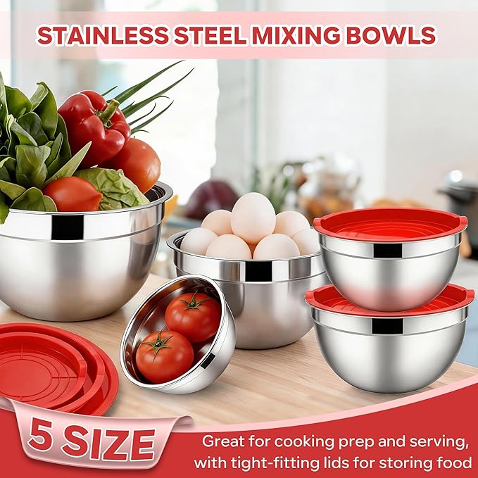 E-far Mixing Bowls With Lids Sets of 5, 10-Piece Stainless Steel Salad Metal Nesting Bowl for Baking Cooking and Prepping, Airtight Lid & Stackable Design, Size 4.6, 3, 2.1, 1.5, 0.7 QT, Red - Image 4