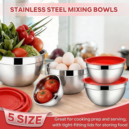 E-far Mixing Bowls With Lids Sets of 5, 10-Piece Stainless Steel Salad Metal Nesting Bowl for Baking Cooking and Prepping, Airtight Lid & Stackable Design, Size 4.6, 3, 2.1, 1.5, 0.7 QT, Red - Image 4