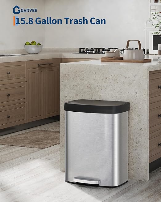 Garvee 16 gal / 60 L Stainless Steel Trash Can with Lid, Large Garbage Can for Kitchen, Rustproof Step-on Kitchen Metal Trash Bin with Liner Rim, Rear Handle, Soft Close Plastic Lid, Silver - Image 6