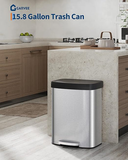 Garvee 16 gal / 60 L Stainless Steel Trash Can with Lid, Large Garbage Can for Kitchen, Rustproof Step-on Kitchen Metal Trash Bin with Liner Rim, Rear Handle, Soft Close Plastic Lid, Silver - Image 6