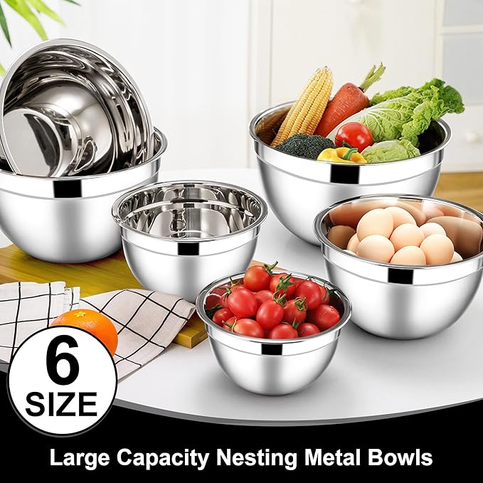 E-far Mixing Bowls with Lids, 12-Piece Stainless Steel Salad Bowls Metal Nesting Bowls for Baking Cooking and Prepping, Airtight Lids & Stackable Design, Size 7, 4.5, 3, 1.5, 1.2, 0.7 QT (Black) - Image 3