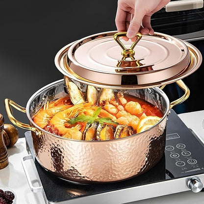 YJX 4.2QT Hammered Stock Pot with Lid, Copper Rose Gold, Tri-Ply Stainless Steel, Multi-Functional Cookware for Bake Roast Braise Saute, Magnetic Base, Dishwasher and Oven Safe (26CM)