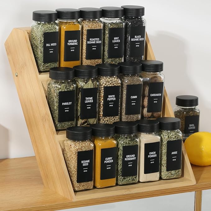 48 Glass Spice Jars with Labels, Spice Jar Set, 4oz Spice Containers, Seasoning Containers with Black Airtight Lids and Shaker Lids, Square Empty Spice Bottles, 492 Labels, 1 Funnel - Image 4