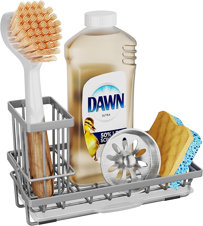 SWTYMIKI Sink Caddy Sponge Holder - Kitchen Sink Organizer with High Brush Holder for Countertop to Hold Dish Soaps and Sponges, Stainless Steel, Gray by SwtyMiki-TidyHomeSweetLife