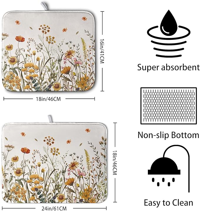 Fall Floral Dish Drying Mat for Kitchen Counter Autumn Burnt Orange Wild Flowers Dish Draining Mat Absorbent Microfiber Dishes Pad Washable Dish Drainer Rack Mat Medium 16"x18" - Image 2