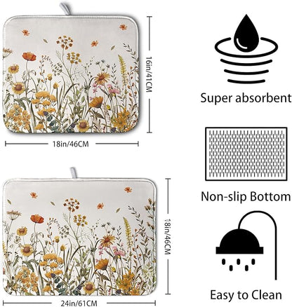 Fall Floral Dish Drying Mat for Kitchen Counter Autumn Burnt Orange Wild Flowers Dish Draining Mat Absorbent Microfiber Dishes Pad Washable Dish Drainer Rack Mat Medium 16"x18" - Image 2