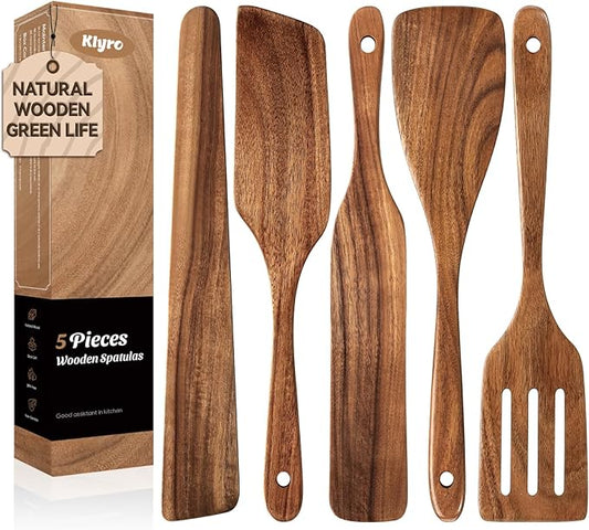 KLYRO 5 PCS Wooden Spatula Set, Natural Teak Wooden Spoons for Cooking, Nonstick Cookware Safe Kitchen Utensils Set, Durable & Elegant Cooking Utensils Gift Set by KLYRO