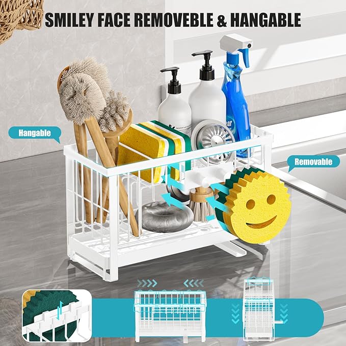 Sponge Holder for Kitchen Sink with Flexible Sponge Holder Smiley Face,2 Tier Kitchen Sink Organizer Countertop and Storage Essentials,Soap Dispenser Organize,Home Decor Accessories-White - Image 3