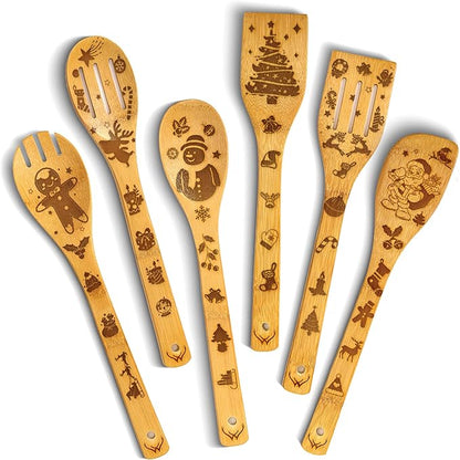 Christmas Wooden Spoons for Cooking - 6-Piece, Christmas Kitchen Utensils Gifts for Kitchen Decor including Spatulas & Spoons, Heat-Resistant, Eco-Friendly And Safe for Non-Stick Cookware by WOODLANDSUSA
