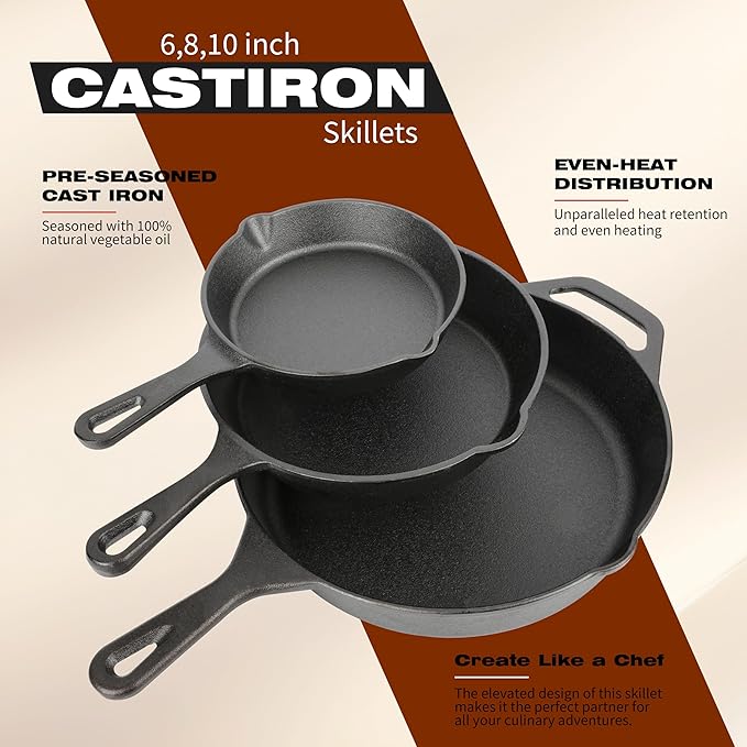 Cast Iron Skillet 3-Piece Set, 6", 8", 10" Frying Pans, Heavy-Duty Pre-Seasoned Pan Cookware Set, For Frying, Saute, Cooking, Pizza & More, Black - Image 4