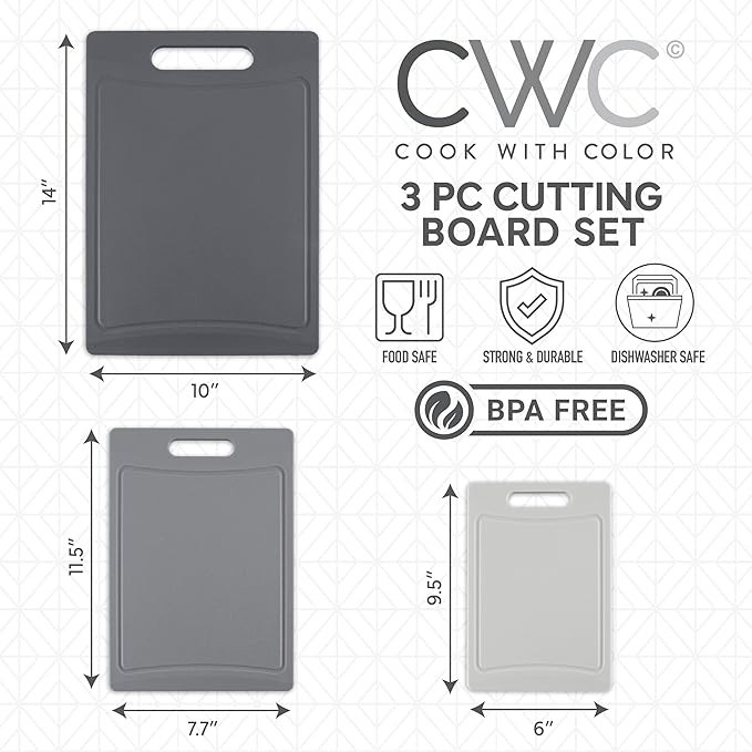 COOK WITH COLOR Non-Slip Cutting Board Set – Kitchen Essentials with Easy Grip Handle for Meat, Veggies, and Fruits, 3 Cutting Boards, Gray - Image 2