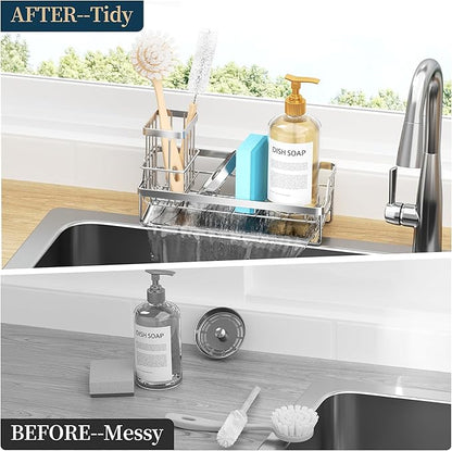 Consumest Sponge Holder for Kitchen Sink - Sink Caddy with Stainless Steel Self Drain Tray, Sink Organizer with High Brush Holder Countertop for Kitchen Sink Accessories, Silver - Image 5