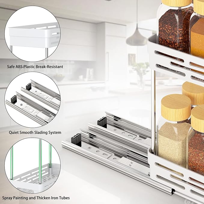 Pull Out Spice Rack Organizer for Cabinet, 2 Pack Slide Out Spice Racks Organizer, Spice Cabinet Organizers, Cabinet Size Need:12'' Highx11'' Deepx5'' Wide,Hold 10 Spice Jar Each Tier-2Tier, White - Image 7