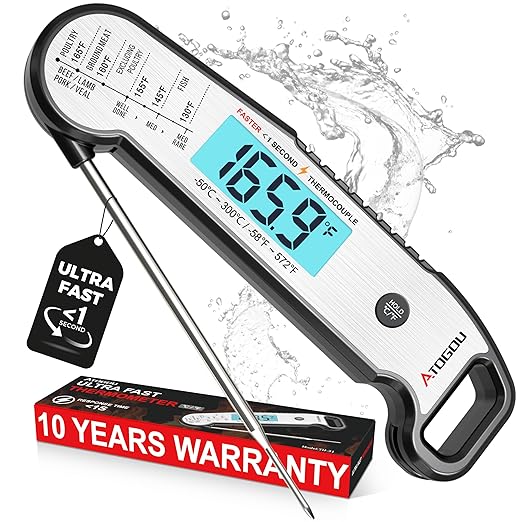 Atogou Meat Thermometer, Professional Food Thermometer, <1 Sec Instant Read, ±0.5℉ Accuracy, Thermocouple Sensor, Waterproof Digital Thermometer for Cooking, BBQ, Grill, Him Dad Birthday Gifts, Silver by ATOGOU