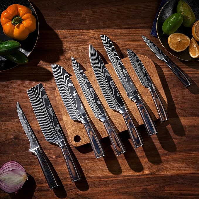 SENKEN 8-piece Premium Japanese Kitchen Knife Set with Laser Damascus Pattern - Imperial Collection - Chef's Knife, Santoku, Bread, Paring & More, Ultra Sharp for Very Fast Cutting