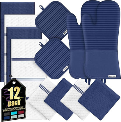 Oven Mitts Kitchen Towels and Dishcloths with Pot Holders Sets, Oven Gloves Hot Pads 500°F Heat Resistant with Silicone Grip, Include 2 Cooking Gloves/2 Potholders/4 Kitchen Towels/4 Dish Towels by KacNacPro