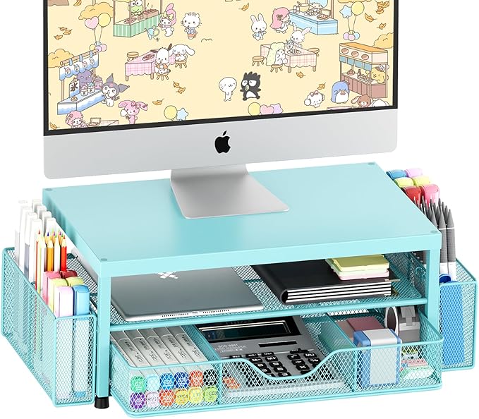 OPNICE Desk Organizers and Accessories, 2-Tier Computer Monitor Stand Riser with Drawer and 2 Pen Holders, Laptop Stand, Office Desk Accessories for Office Supplies, Teal Blue by OPNICE