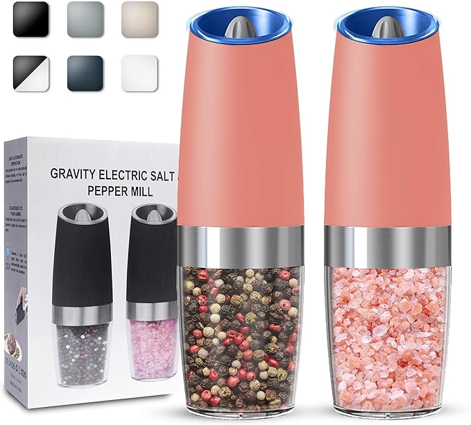 UNNEES Gravity Electric Salt and Pepper Grinder set of 2, Automatic Salt And Pepper Grinder Set, Adjustable Roughness, Battery Powered, LED Light, 2 Pack, (Pink) by UNNEES