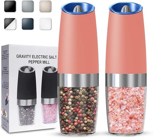 UNNEES Gravity Electric Salt and Pepper Grinder set of 2, Automatic Salt And Pepper Grinder Set, Adjustable Roughness, Battery Powered, LED Light, 2 Pack, (Pink) by UNNEES