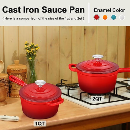1 Quart Saucepan with Lid, Leonyo Enameled Cast Iron Sauce Pan with Lid, Small Enamel Cast Iron Dutch Oven Kitchen Cookware for All Cooktops Cooking Pasta, Soup, Milk - Up to 500°F & 4.4Lbs, Red