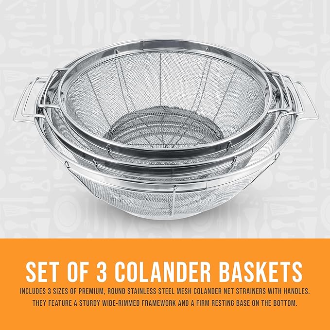 U.S. Kitchen Supply Set of 3 Stainless Steel Colander Strainers Net Baskets 5, 4, & 3-Quart - Colander with Handles & Resting Base - Stainless Steel Sieve, Mesh Strainers and Colanders for Kitchen - Image 7