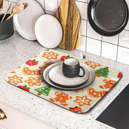 Christmas Dish Drying Mat for Kitchen Counter 16x18 Cute Gingerbread Themed Winter Xmas Holiday Absorbent Reversible Microfiber Drying Mats Kitchen Countertop Protector Dishes Drainer Rack Pad - Image 5