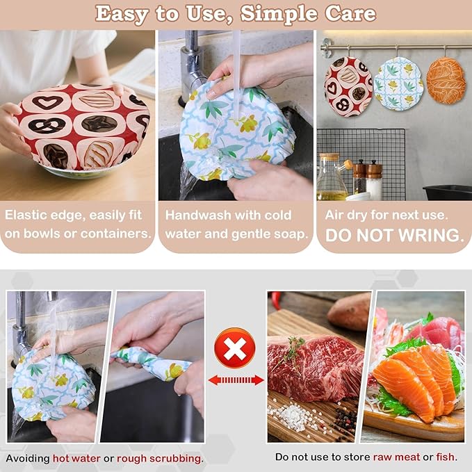 5-Size Reusable Beeswax Bowl Covers for Bread Proofing, Cotton Cloth Flexible Beeswax Wraps for Food Storage(Toast Cat) - Image 6