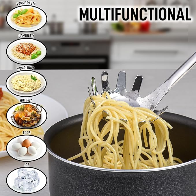 Zulay Kitchen Stainless Steel Spaghetti Spoon - 12” Pasta Spoon with Teeth & Draining Holes - Rust-Resistant Pasta Fork for Noodles & Pasta - Dishwasher Safe Utensil for Everyday Use - Image 3