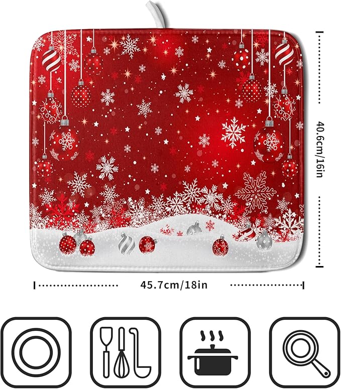 Giwawa Xmas Balls Dish Drying Mat for Kitchen Countertop Winter Red White Snowflakes Dish Drainer Mats 16x18inch Reversible Dish Drying Rack Pad Protector for Dining Holiday New Year Decor