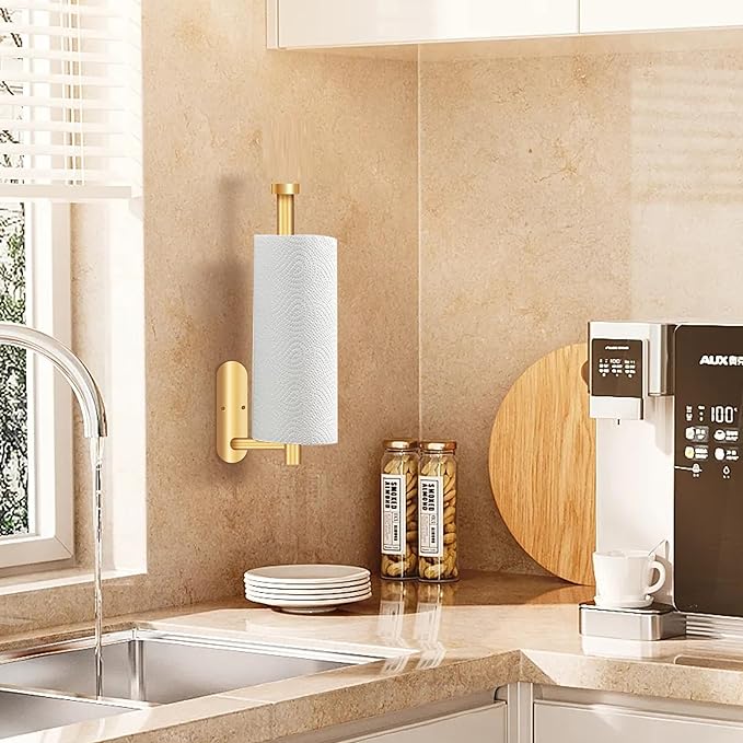 Self Adhesive Paper Towel Holder Under Cabinet Mount, Wall Mounted Paper Towel Roll Holder for Kitchen, Bathroom, Wall,BBQ Grill, Gold